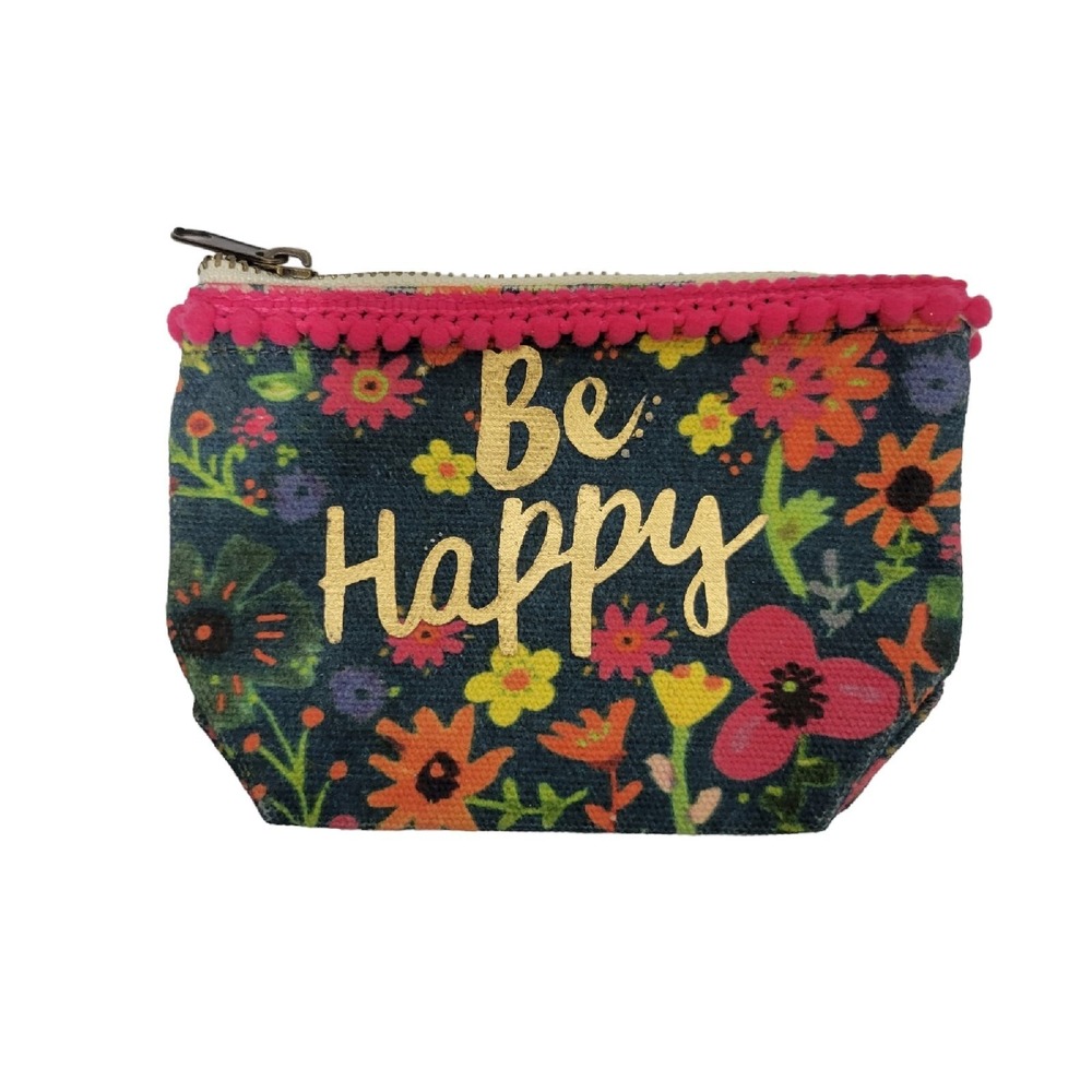 Natural Life Be Happy Floral Canvas Coin Purse Zip Pouch Boho Hippie